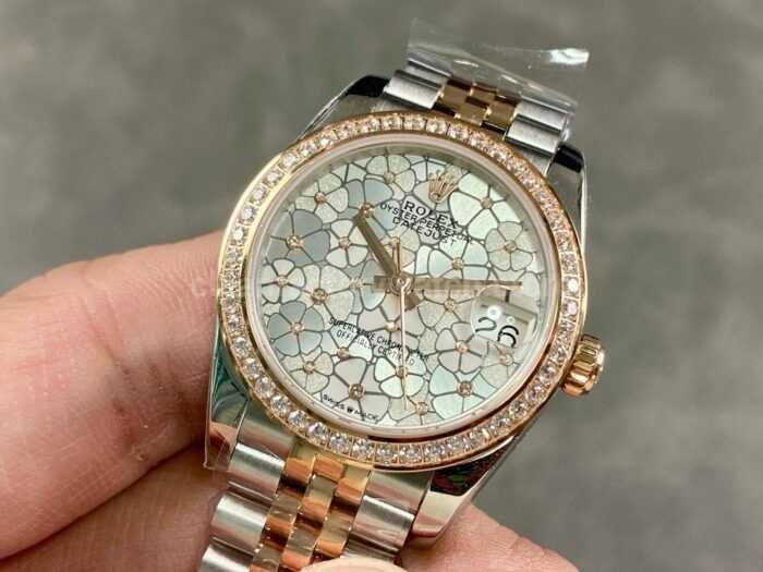 A Factory Rolex Datejust 278381RBR 0032 31mm Diamond Bezel Half Rose Gold Silver Floral Super Clone Watch,Clean Factory Watch