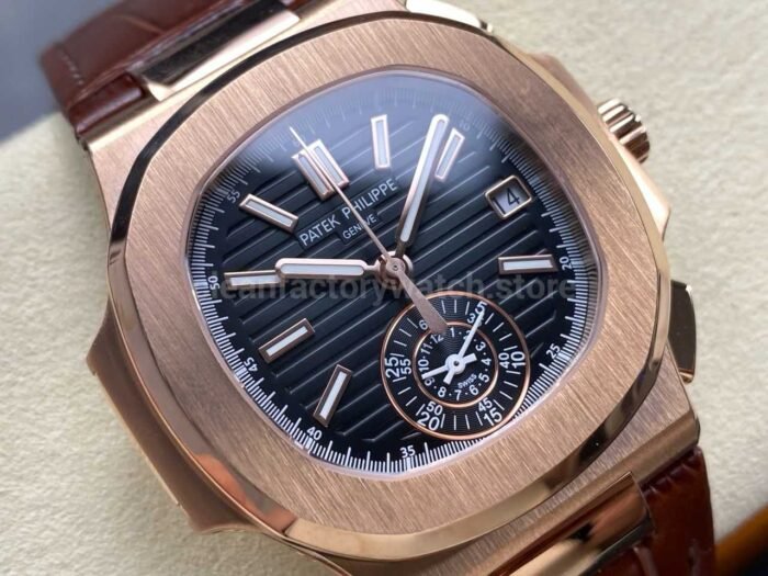 3K Factory Patek Philippe Nautilus 5980/1R-001 Leather Strap Rose Gold Black Dial - Image 2