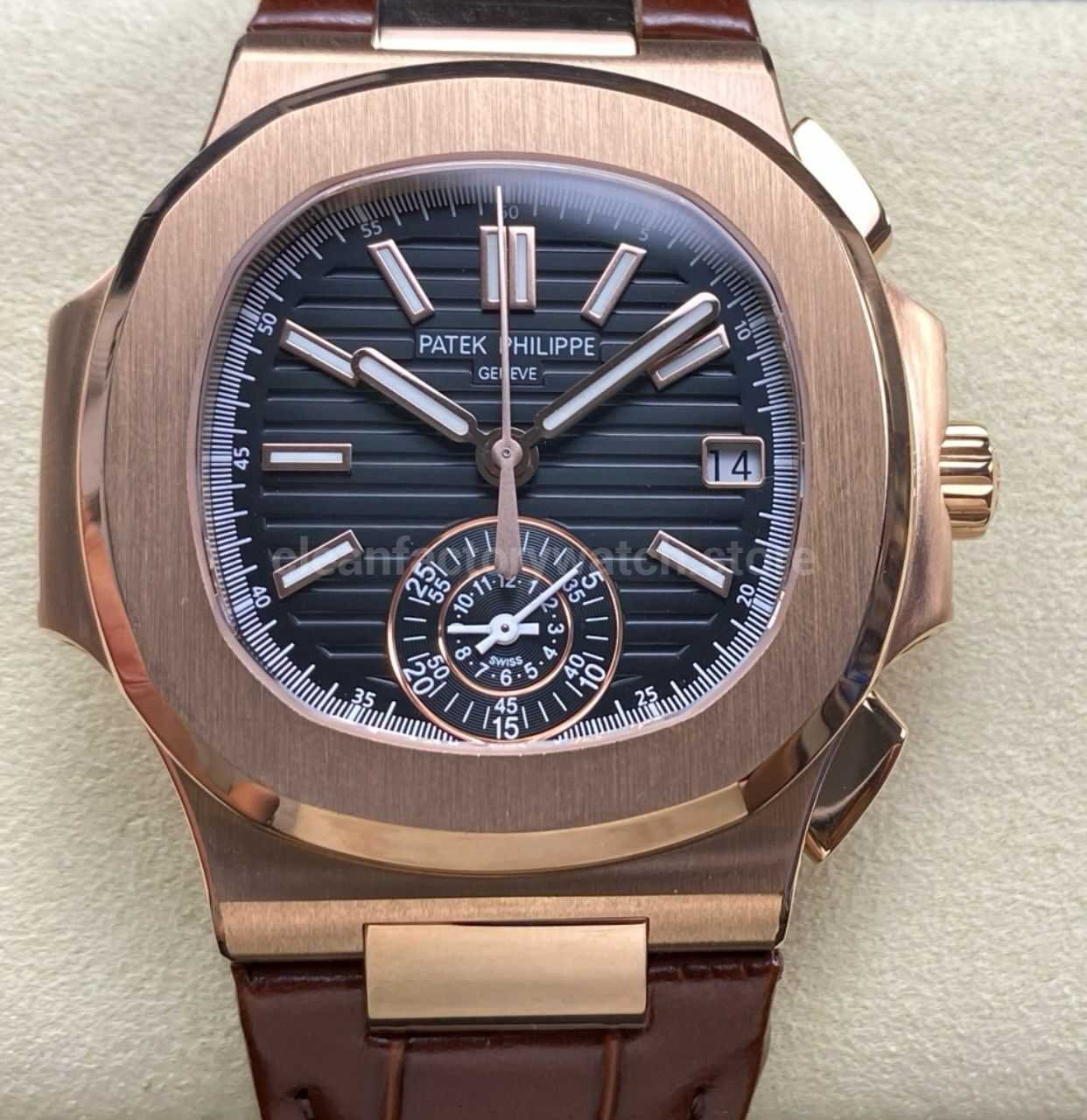 3K Factory Patek Philippe Nautilus 5980/1R-001 Leather Strap Rose Gold Black Dial