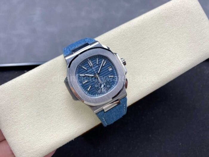 3K Factory Patek Philippe Nautilus 5980/60G-001 Calf Skin Strap White Gold Blue-Gray Dial - Image 4