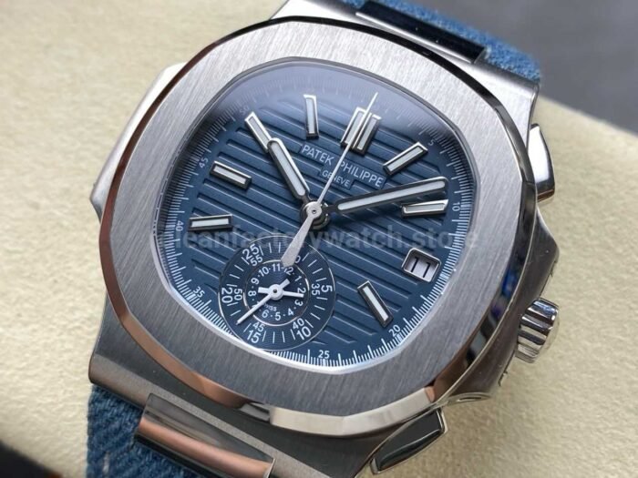 3K Factory Patek Philippe Nautilus 5980/60G-001 Calf Skin Strap White Gold Blue-Gray Dial - Image 3