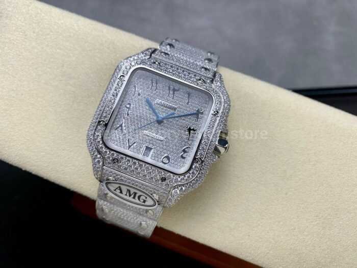 AMG Factory Cartier Full Diamond Santos 40mm Diamond Steel Arabic Number Diamond Dial 3 Super Clone Watch,Clean Factory Watch