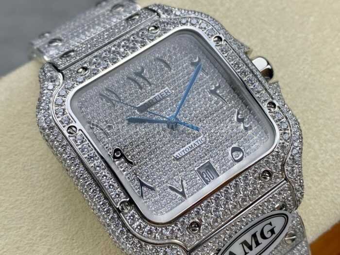 AMG Factory Cartier Full Diamond Santos 40mm Diamond Steel Arabic Number Diamond Dial 9 Super Clone Watch,Clean Factory Watch