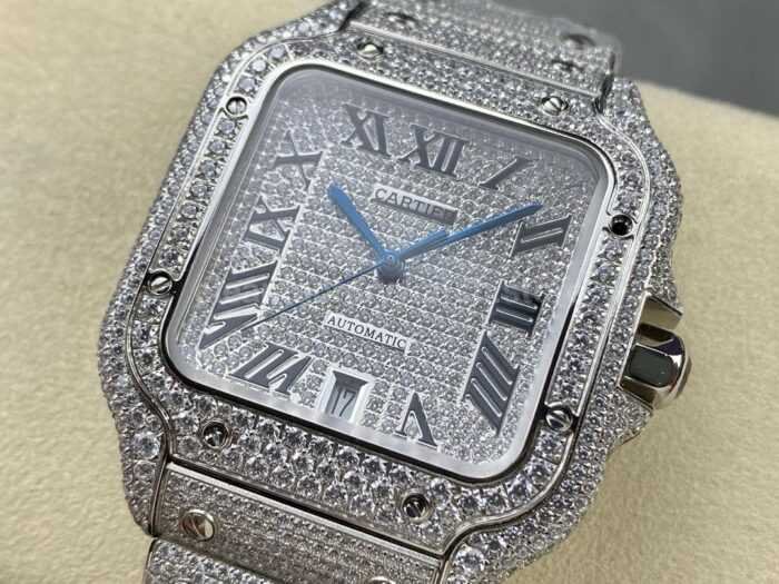 AMG Factory Cartier Full Diamond Santos 40mm Diamond Steel Roman Number Diamond Dial 1 Super Clone Watch,Clean Factory Watch