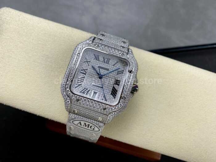 AMG Factory Cartier Full Diamond Santos 40mm Diamond Steel Roman Number Diamond Dial 3 Super Clone Watch,Clean Factory Watch
