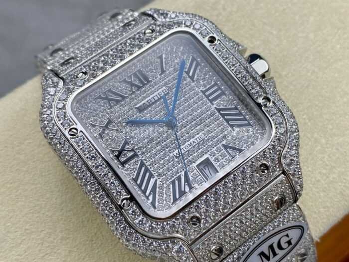 AMG Factory Cartier Full Diamond Santos 40mm Diamond Steel Roman Number Diamond Dial 4 Super Clone Watch,Clean Factory Watch