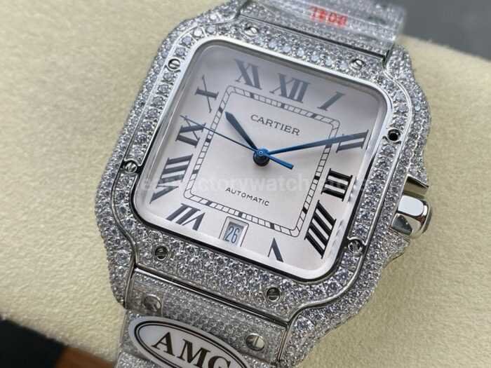 AMG Factory Cartier Full Diamond Santos 40mm Diamond Steel Roman Number White Dial 1 Super Clone Watch,Clean Factory Watch