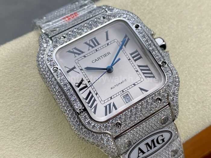 AMG Factory Cartier Full Diamond Santos 40mm Diamond Steel Roman Number White Dial 4 Super Clone Watch,Clean Factory Watch