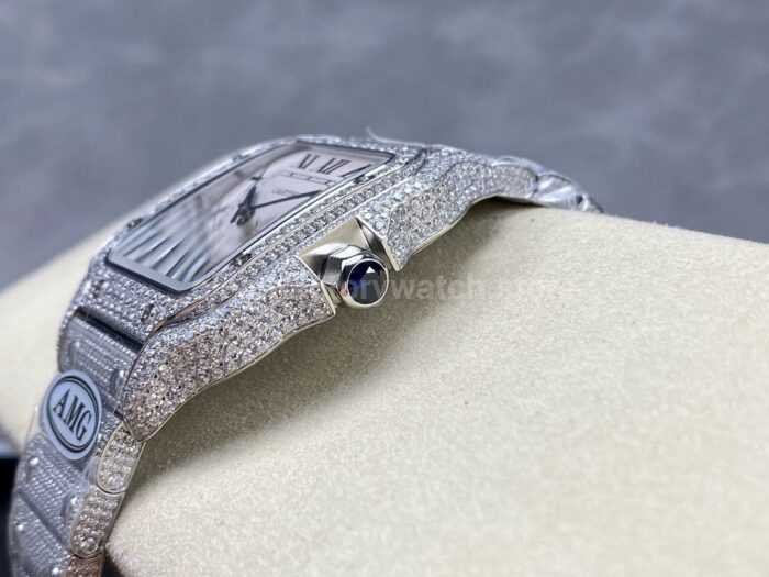 AMG Factory Cartier Full Diamond Santos 40mm Diamond Steel Roman Number White Dial 8 Super Clone Watch,Clean Factory Watch