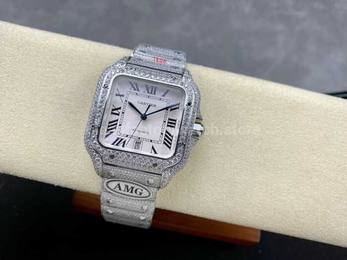 AMG Factory Cartier Full Diamond Santos 40mm Diamond Steel Roman Number White Dial 9 Super Clone Watch,Clean Factory Watch