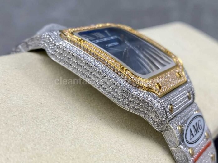AMG Factory Cartier Full Diamond Santos 40mm Gold Diamond Steel Roman Number Blue Dial - Image 5