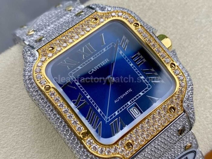 AMG Factory Cartier Full Diamond Santos 40mm Gold Diamond Steel Roman Number Blue Dial - Image 2