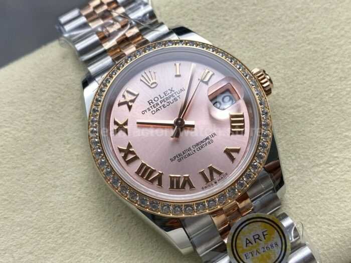 ARF Factory Counterweight Rolex Datejust 278381RBR 0002 31mm Rose Gold Diamond Bezel Roman Numerals Rose Dial 2 Super Clone Watch,Clean Factory Watch