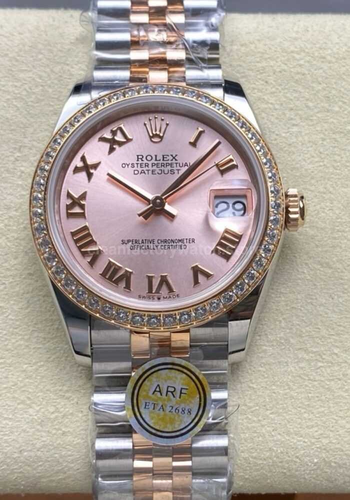 ARF Factory Counterweight Rolex Datejust 278381RBR 0002 31mm Rose Gold Diamond Bezel Roman Numerals Rose Dial 5 Super Clone Watch,Clean Factory Watch