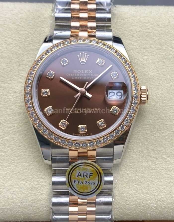 ARF Factory Counterweight Rolex Datejust 278381RBR 0028 31mm Rose Gold Diamond Bezel Brown Dial 2 Super Clone Watch,Clean Factory Watch