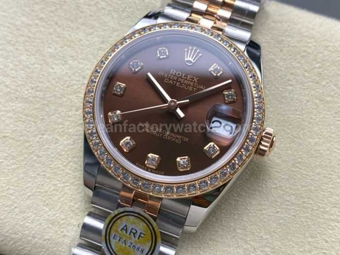 ARF Factory Counterweight Rolex Datejust 278381RBR 0028 31mm Rose Gold Diamond Bezel Brown Dial 8 Super Clone Watch,Clean Factory Watch