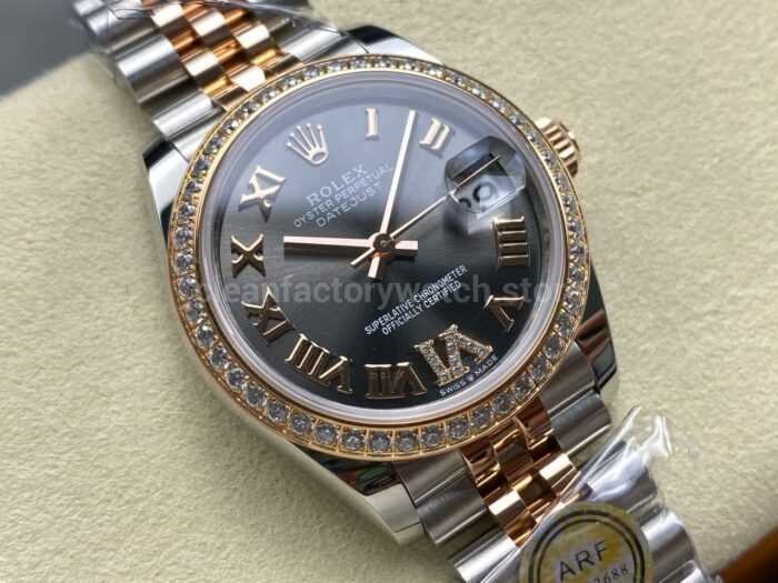 ARF Factory Counterweight Rolex Datejust 278381RBR 0030 31mm Rose Gold Diamond Bezel Roman VI Grey Dial 3 Super Clone Watch,Clean Factory Watch