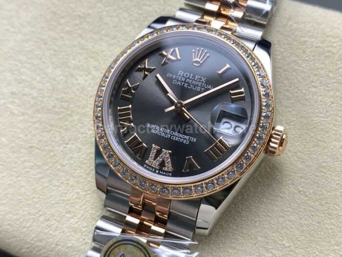 ARF Factory Counterweight Rolex Datejust 278381RBR 0030 31mm Rose Gold Diamond Bezel Roman VI Grey Dial 7 Super Clone Watch,Clean Factory Watch