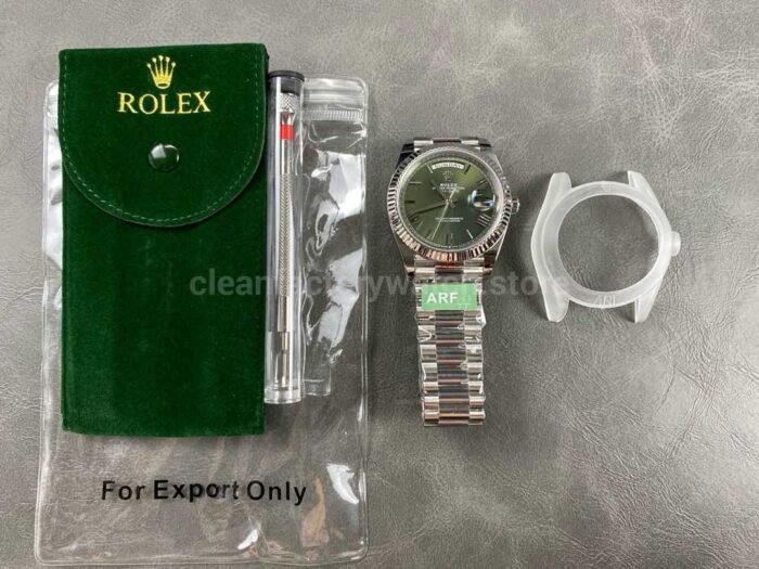 ARF Factory Counterweight Rolex Day-Date 228239-0033 40mm White Gold Roman Numerals Olive Green Dial - Image 9