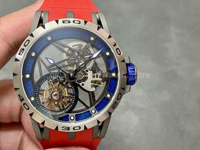 BBR Factory Roger Dubuis Excalibur Spider RDDBEX0479 Tourbillon 45mm Titanium Red Rubber Strap Blue Di 3 Super Clone Watch,Clean Factory Watch