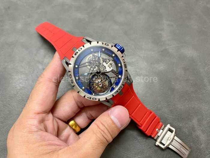 BBR Factory Roger Dubuis Excalibur Spider RDDBEX0479 Tourbillon 45mm Titanium Red Rubber Strap Blue Di 5 Super Clone Watch,Clean Factory Watch
