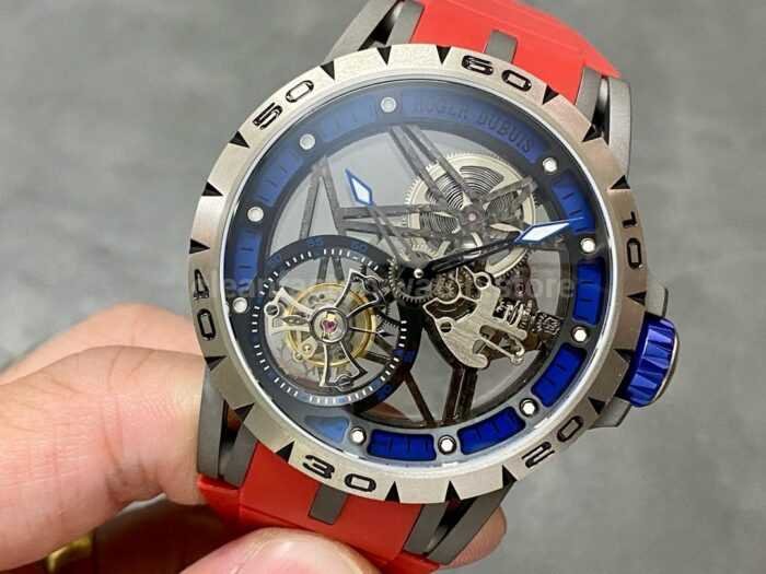 BBR Factory Roger Dubuis Excalibur Spider RDDBEX0479 Tourbillon 45mm Titanium Red Rubber Strap Blue Di Super Clone Watch,Clean Factory Watch