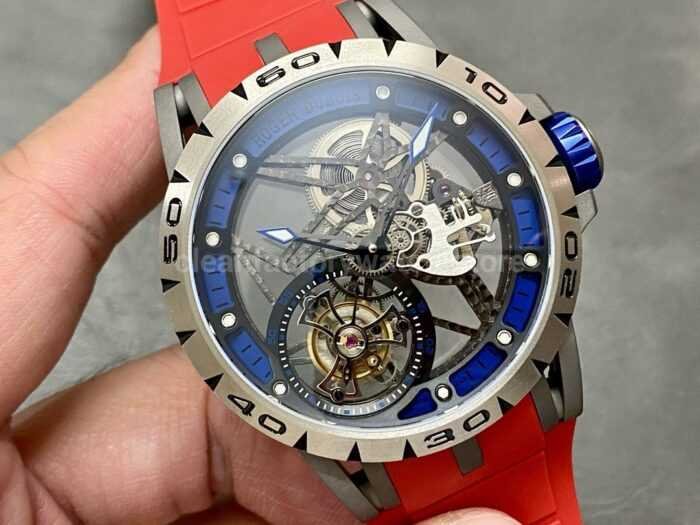 BBR Factory Roger Dubuis Excalibur Spider RDDBEX0479 Tourbillon 45mm Titanium Red Rubber Strap Blue Di 8 Super Clone Watch,Clean Factory Watch