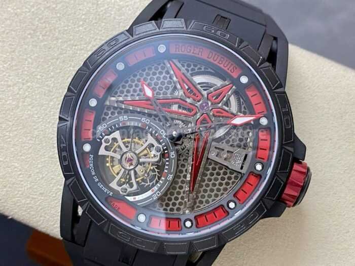 BBR Factory Roger Dubuis Tourbillon Excalibur RDDBEX0644 45mm Titanium Rubber Strap Skeletonized Red 5 Super Clone Watch,Clean Factory Watch