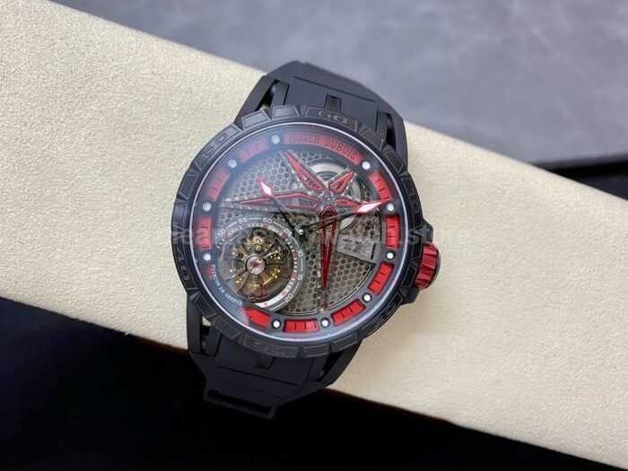 BBR Factory Roger Dubuis Tourbillon Excalibur RDDBEX0644 45mm Titanium Rubber Strap Skeletonized Red 9 Super Clone Watch,Clean Factory Watch