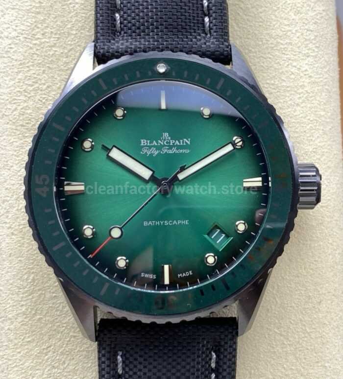 GF Factory Blancpain Fifty Fathoms Bathyscaphe 5000 0153 01S 43mm Ceramic Textile Strap Green Dial 1 Super Clone Watch,Clean Factory Watch