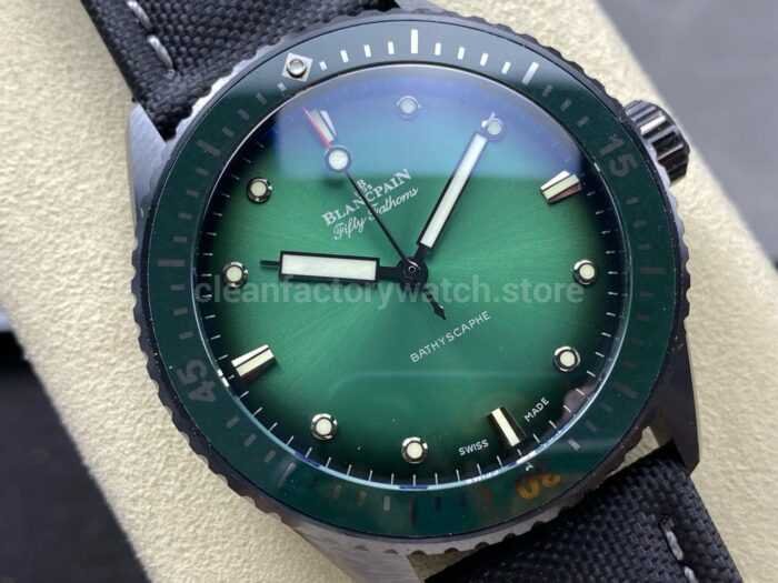 GF Factory Blancpain Fifty Fathoms Bathyscaphe 5005 0153 NABA 43mm Ceramic Textile Strap Green Dial 2 Super Clone Watch,Clean Factory Watch