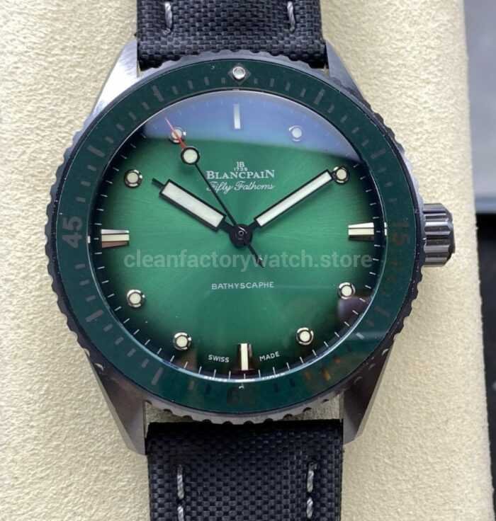 GF Factory Blancpain Fifty Fathoms Bathyscaphe 5005 0153 NABA 43mm Ceramic Textile Strap Green Dial 3 Super Clone Watch,Clean Factory Watch