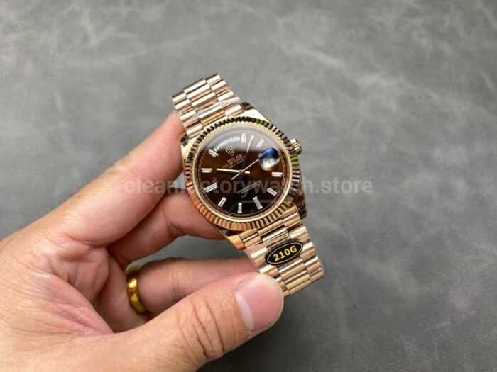KF Factory Counterweight Rolex Day Date 228235 0003 40mm Full Rose Gold Diamond Baguette Brown Dial 1 Super Clone Watch,Clean Factory Watch