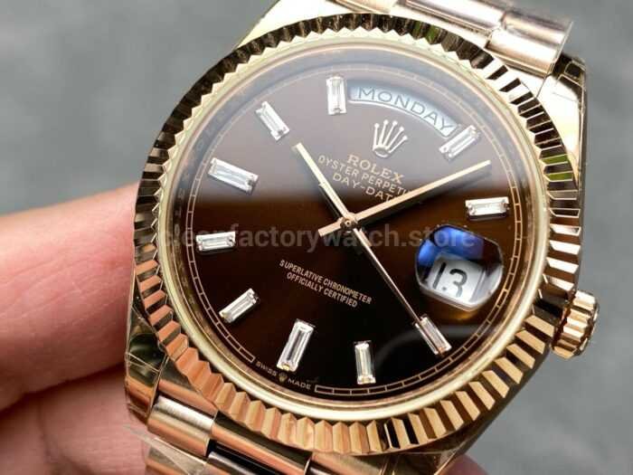 KF Factory Counterweight Rolex Day Date 228235 0003 40mm Full Rose Gold Diamond Baguette Brown Dial 2 Super Clone Watch,Clean Factory Watch