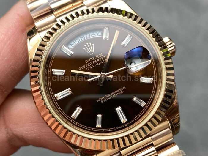 KF Factory Counterweight Rolex Day Date 228235 0003 40mm Full Rose Gold Diamond Baguette Brown Dial 4 Super Clone Watch,Clean Factory Watch