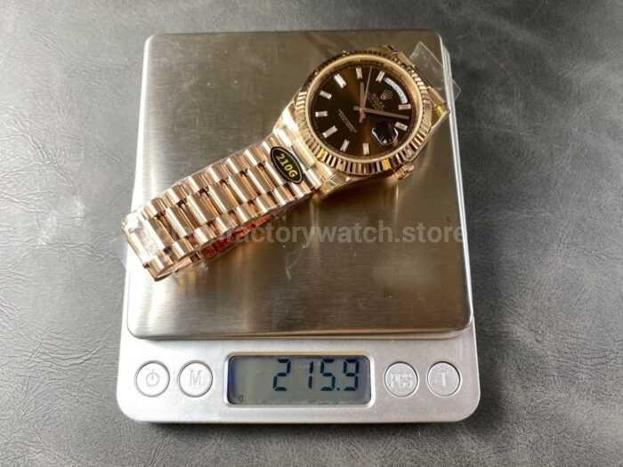 KF Factory Counterweight Rolex Day Date 228235 0003 40mm Full Rose Gold Diamond Baguette Brown Dial 5 Super Clone Watch,Clean Factory Watch