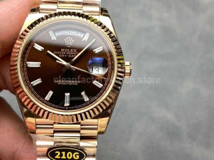 KF Factory Counterweight Rolex Day Date 228235 0003 40mm Full Rose Gold Diamond Baguette Brown Dial 7 Super Clone Watch,Clean Factory Watch