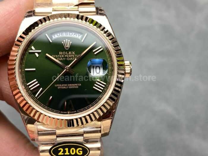 KF Factory Counterweight Rolex Day Date 228235 0025 40mm Full Rose Gold Roman Numerals Green Dial 1 Super Clone Watch,Clean Factory Watch