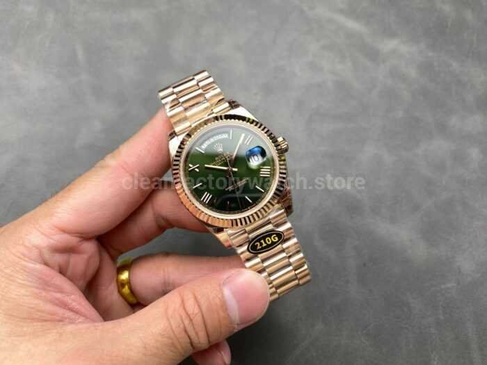 KF Factory Counterweight Rolex Day Date 228235 0025 40mm Full Rose Gold Roman Numerals Green Dial 2 Super Clone Watch,Clean Factory Watch
