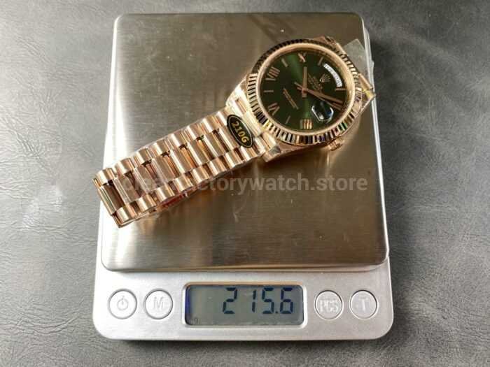 KF Factory Counterweight Rolex Day Date 228235 0025 40mm Full Rose Gold Roman Numerals Green Dial 4 Super Clone Watch,Clean Factory Watch