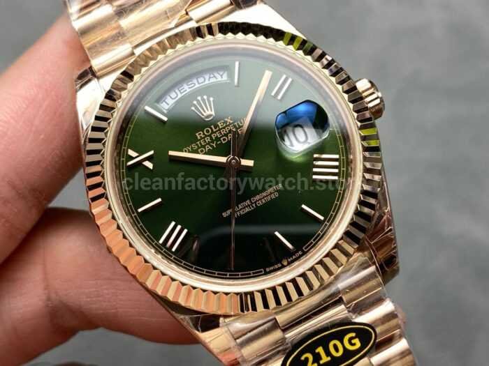 KF Factory Counterweight Rolex Day Date 228235 0025 40mm Full Rose Gold Roman Numerals Green Dial 6 Super Clone Watch,Clean Factory Watch