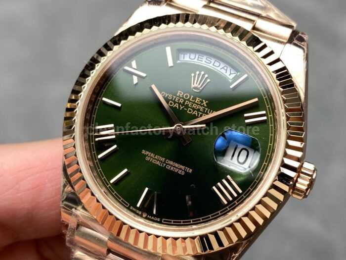 KF Factory Counterweight Rolex Day Date 228235 0025 40mm Full Rose Gold Roman Numerals Green Dial 9 Super Clone Watch,Clean Factory Watch