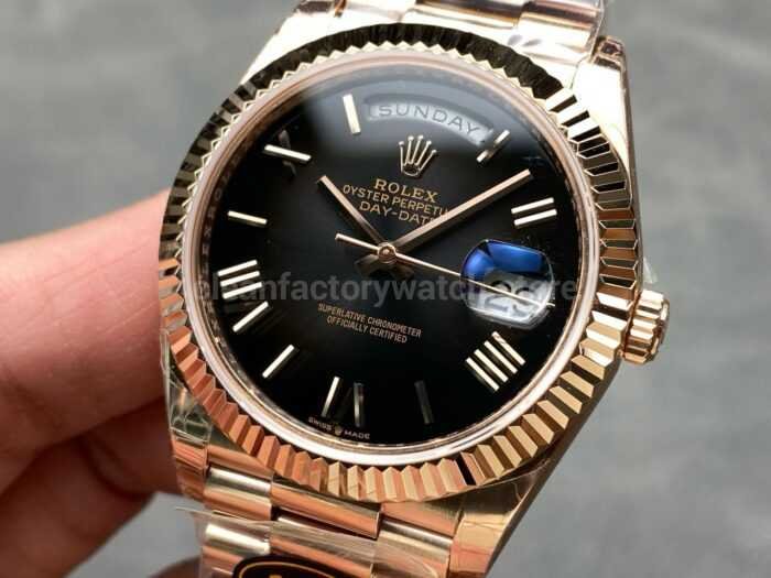 KF Factory Counterweight Rolex Day Date 228235 0055 40mm Full Rose Gold Roman Numera 7 Super Clone Watch,Clean Factory Watch