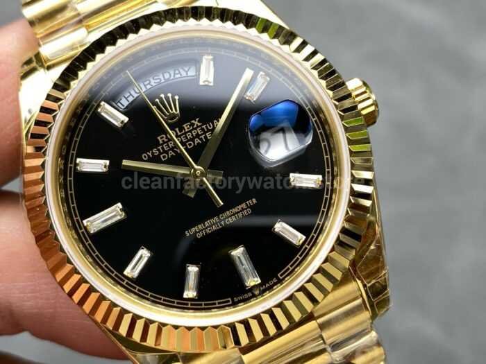 KF Factory Counterweight Rolex Day Date 228238 0004 40mm Full Yellow Gold Diamond Baguette Black Dial 4 Super Clone Watch,Clean Factory Watch
