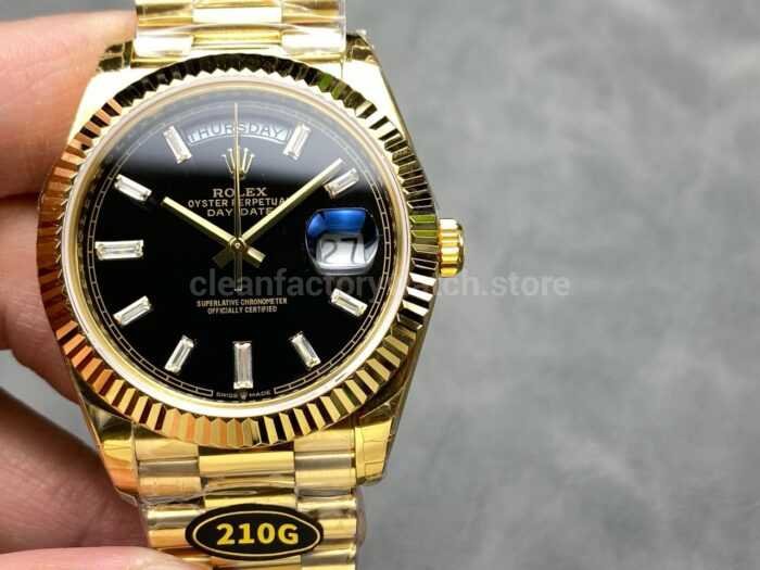 KF Factory Counterweight Rolex Day Date 228238 0004 40mm Full Yellow Gold Diamond Baguette Black Dial 6 Super Clone Watch,Clean Factory Watch