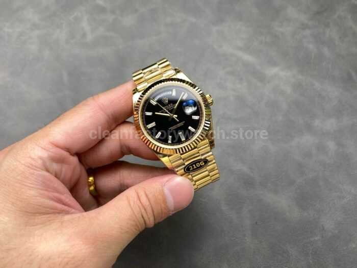 KF Factory Counterweight Rolex Day Date 228238 0004 40mm Full Yellow Gold Diamond Baguette Black Dial 7 Super Clone Watch,Clean Factory Watch