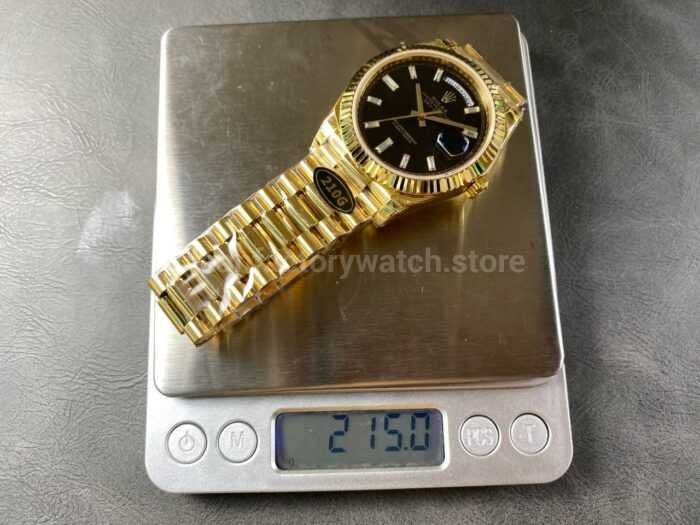 KF Factory Counterweight Rolex Day Date 228238 0004 40mm Full Yellow Gold Diamond Baguette Black Dial 8 Super Clone Watch,Clean Factory Watch
