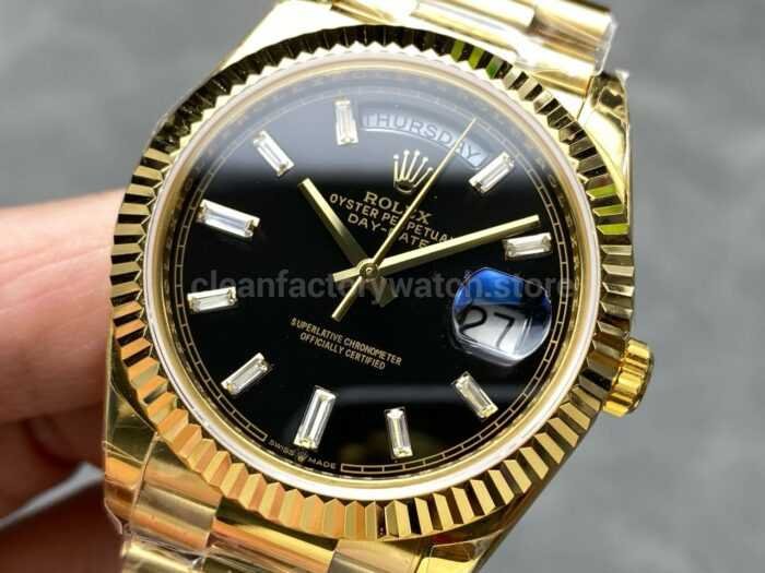 KF Factory Counterweight Rolex Day Date 228238 0004 40mm Full Yellow Gold Diamond Baguette Black Dial 9 Super Clone Watch,Clean Factory Watch