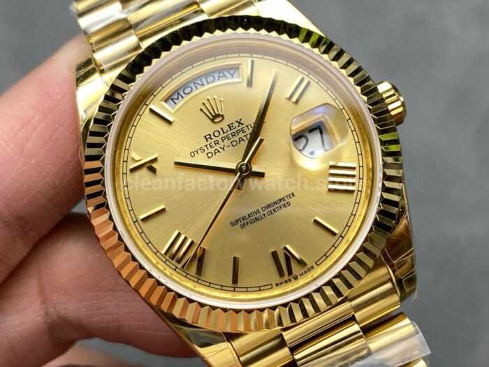 KF Factory Counterweight Rolex Day Date 228238 0006 40mm Full Yellow Gold Roman Numerals Champagne Dial 5 Super Clone Watch,Clean Factory Watch