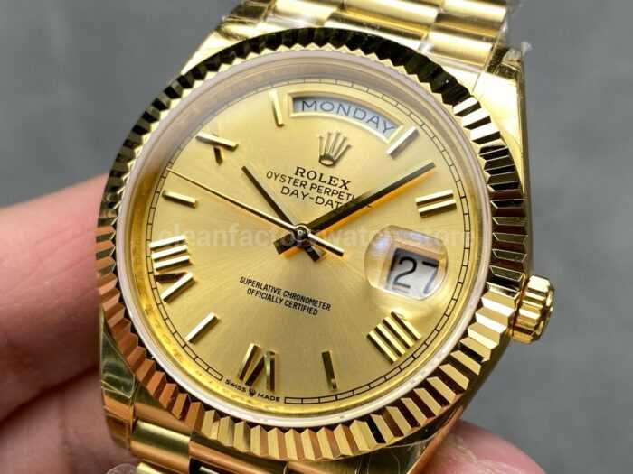 KF Factory Counterweight Rolex Day Date 228238 0006 40mm Full Yellow Gold Roman Numerals Champagne Dial 6 Super Clone Watch,Clean Factory Watch